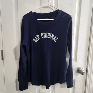 Gap logo blue thermal waffle knit sweater preppy 90s grunge stretch XL